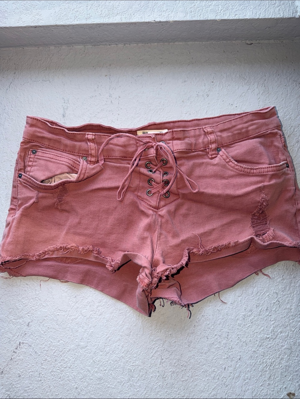 Billabong Lace-Up Distressed Jean Shorts in Dusty Rose